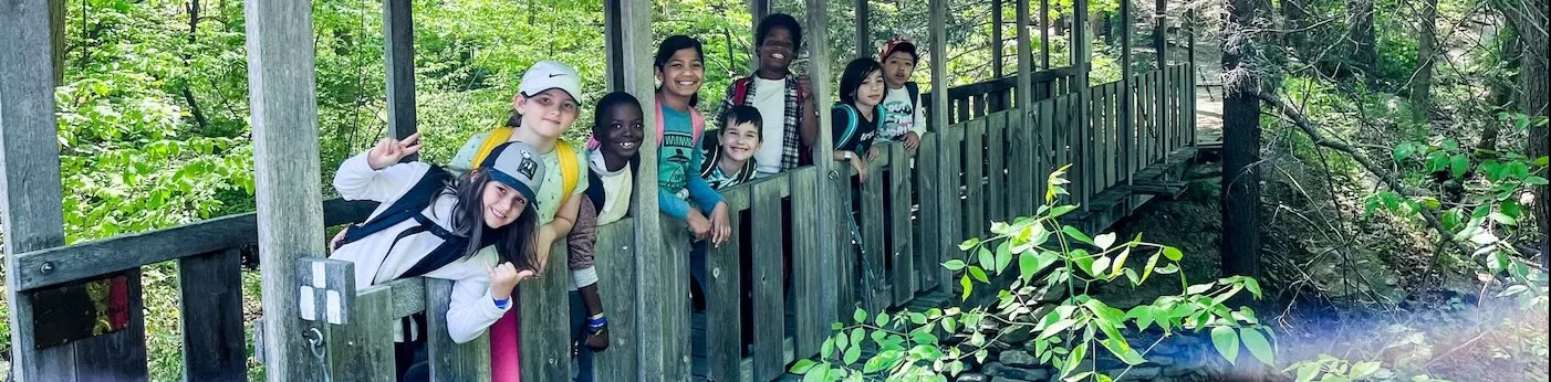 students standing on bridge in Black Rock Forest