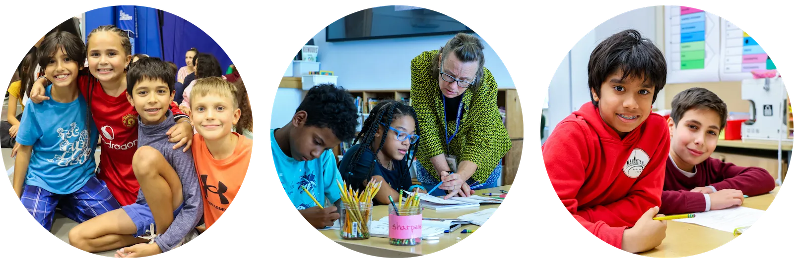 three images: 1- sounds in a group smiling, 2- teacher and students at desk, 3- students at desk smiling