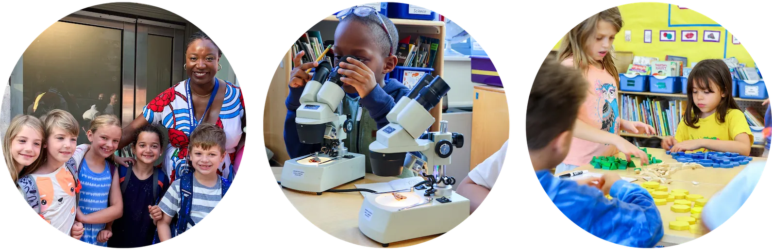 three circle images: 1- students and teacher smiling, 2- student looking through microscope, 3- students learning via manipulatives