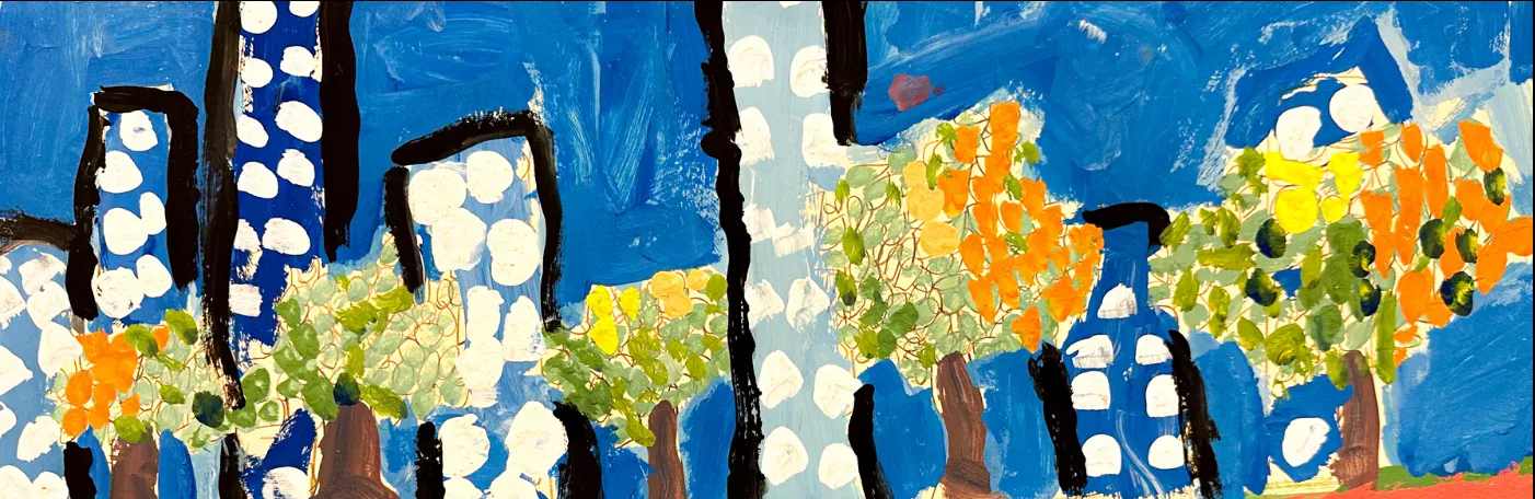 student drawing of tress and buildings